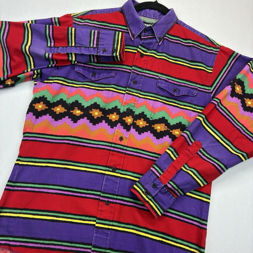 Wrangler Shirt Men’s Large Western Aztec Southwestern Purple USA Vintage